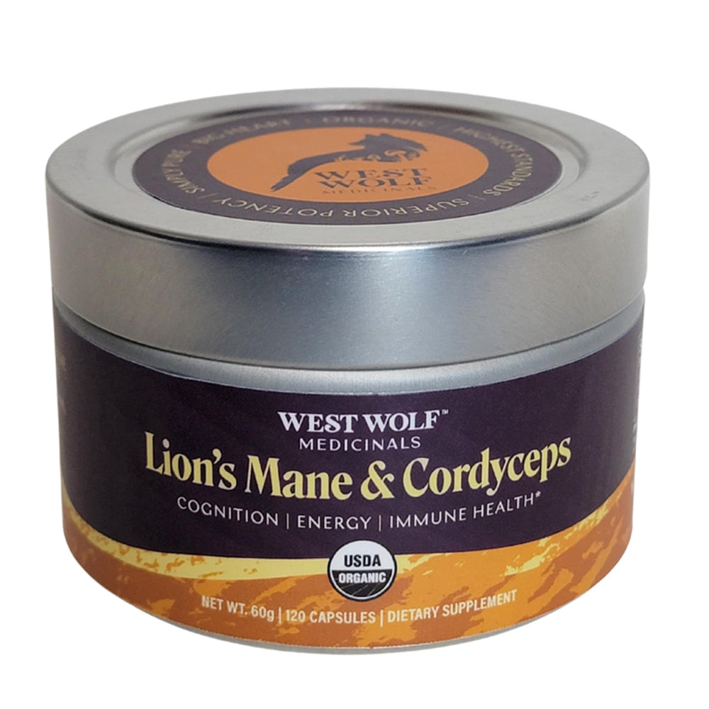 West Wolf Medicinals Lion's Mane & Cordyceps capsules bottle front for focused days