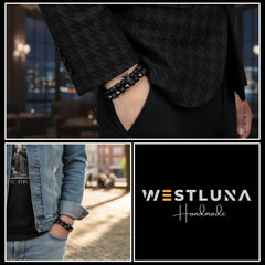 WestLuna black obsidian bracelet closeup highlights protective energy and sleek masculine styling.