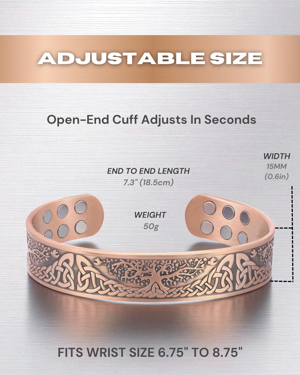 WestLuna copper bracelet on wrist demonstrating comfortable all-day wear
