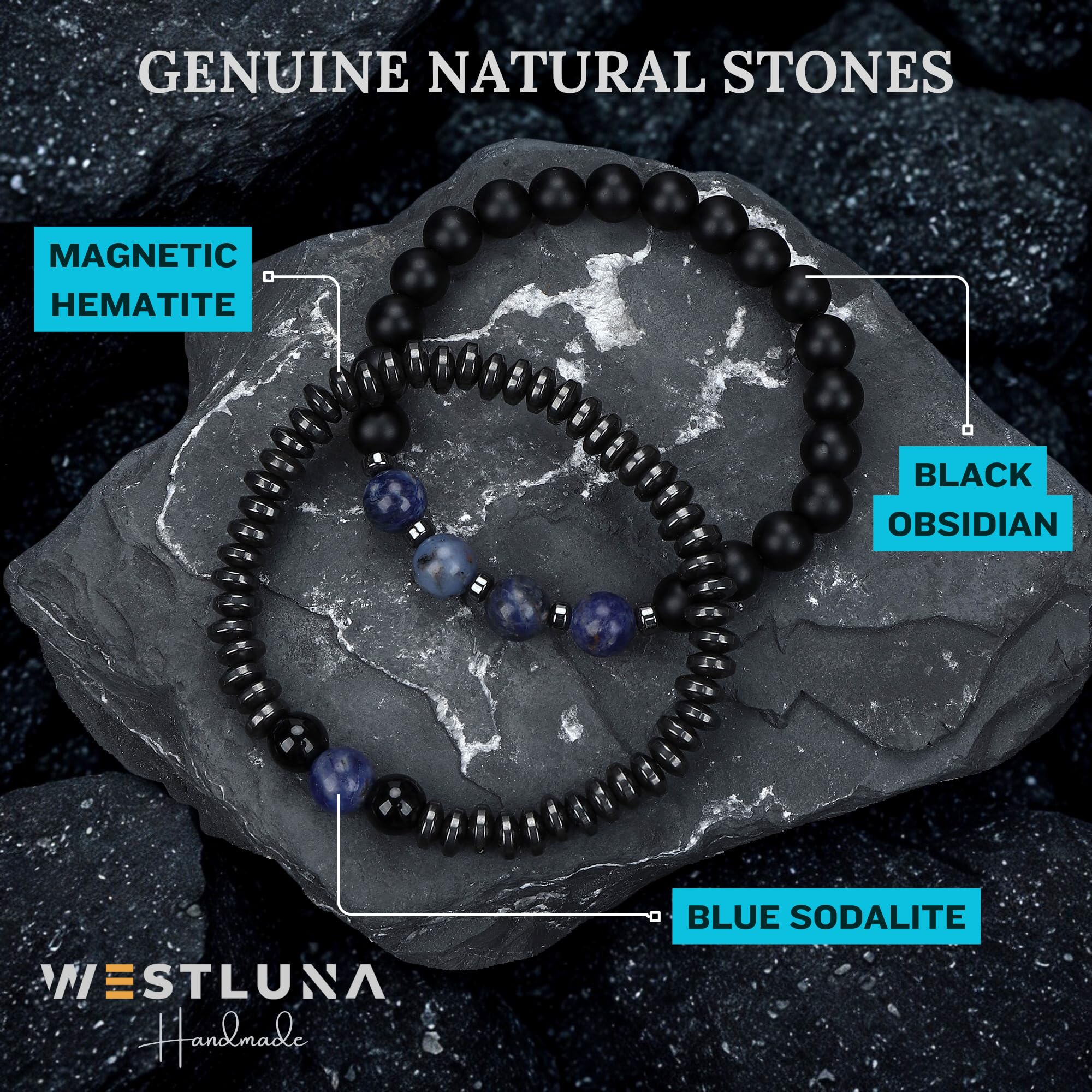 WestLuna hematite bracelet gift box presentation ideal for holidays and birthdays.