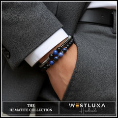 WestLuna hematite bracelet on wrist showing unisex design for versatile wear.