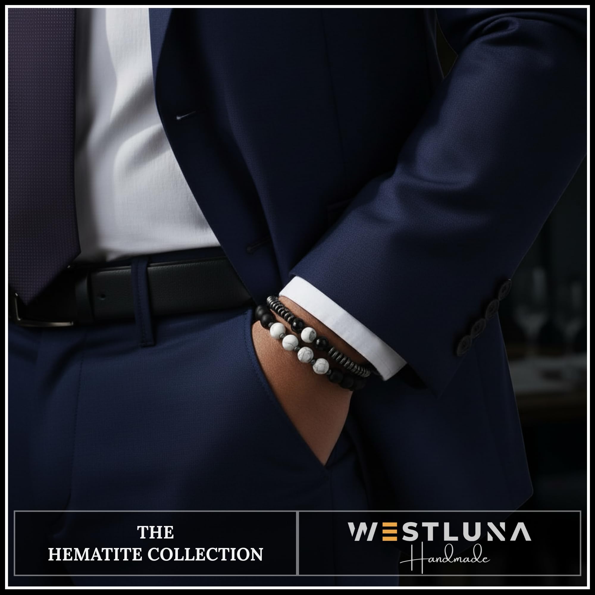 WestLuna hematite bracelet worn on wrist for versatile unisex style.