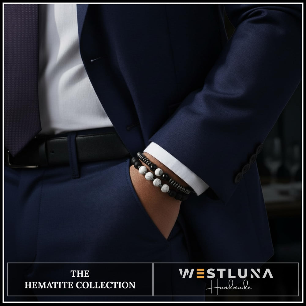 WestLuna hematite bracelet worn on wrist for versatile unisex style.