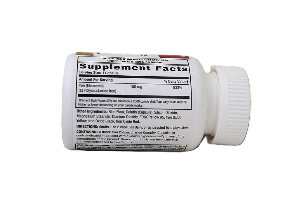 Westminster Iron Polysaccharide Complex bottle with label shows clear dosage guidance.