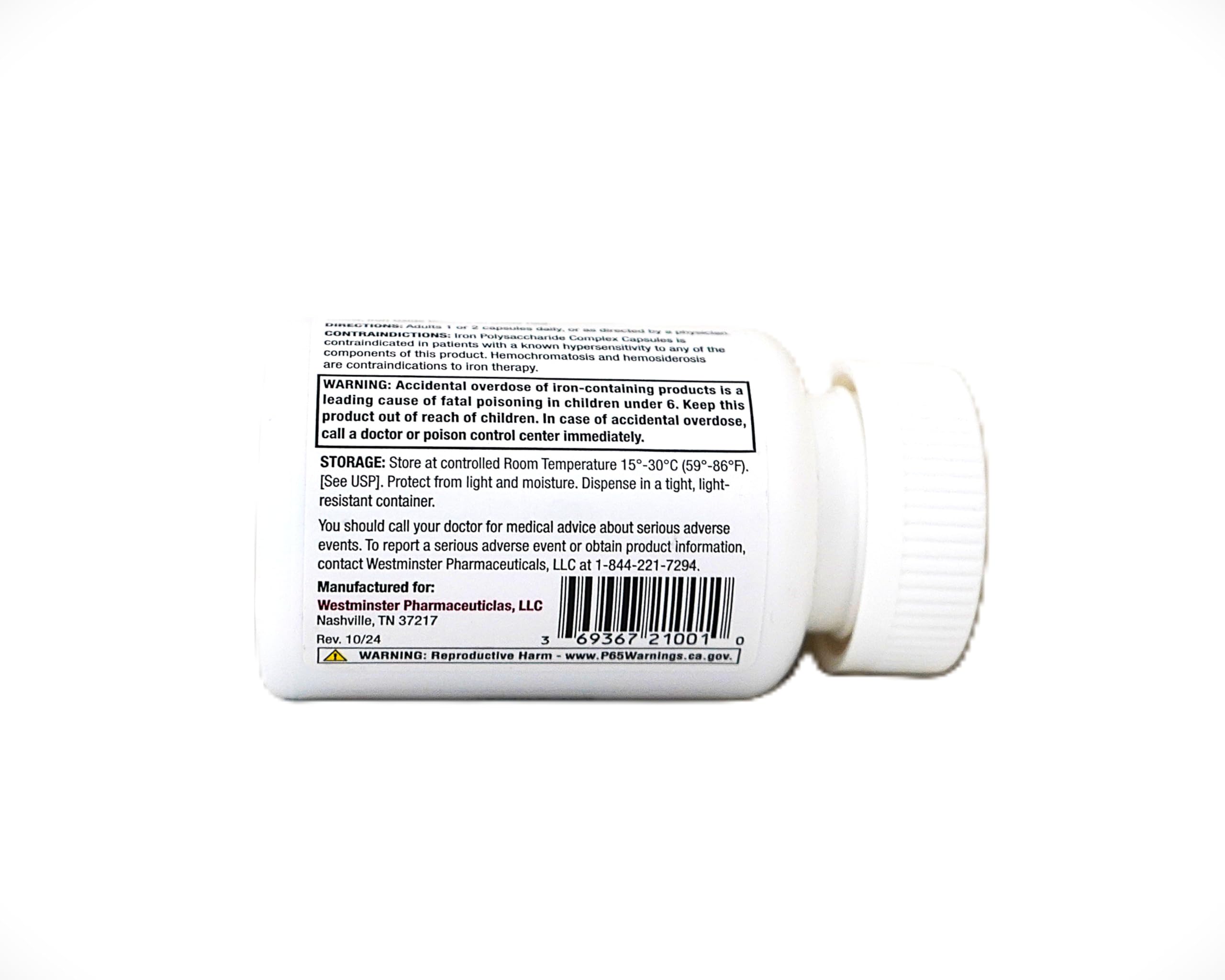 Westminster Iron Polysaccharide Complex capsules close-up showing smooth surface for gentler intake.