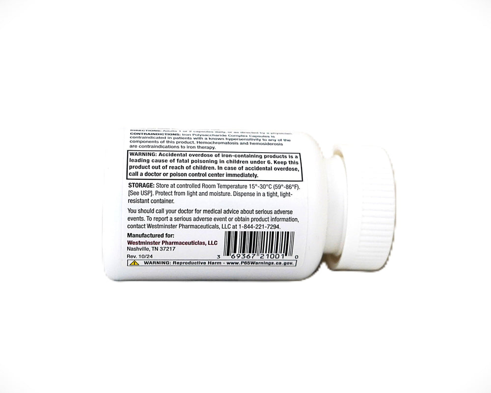 Westminster Iron Polysaccharide Complex capsules close-up showing smooth surface for gentler intake.