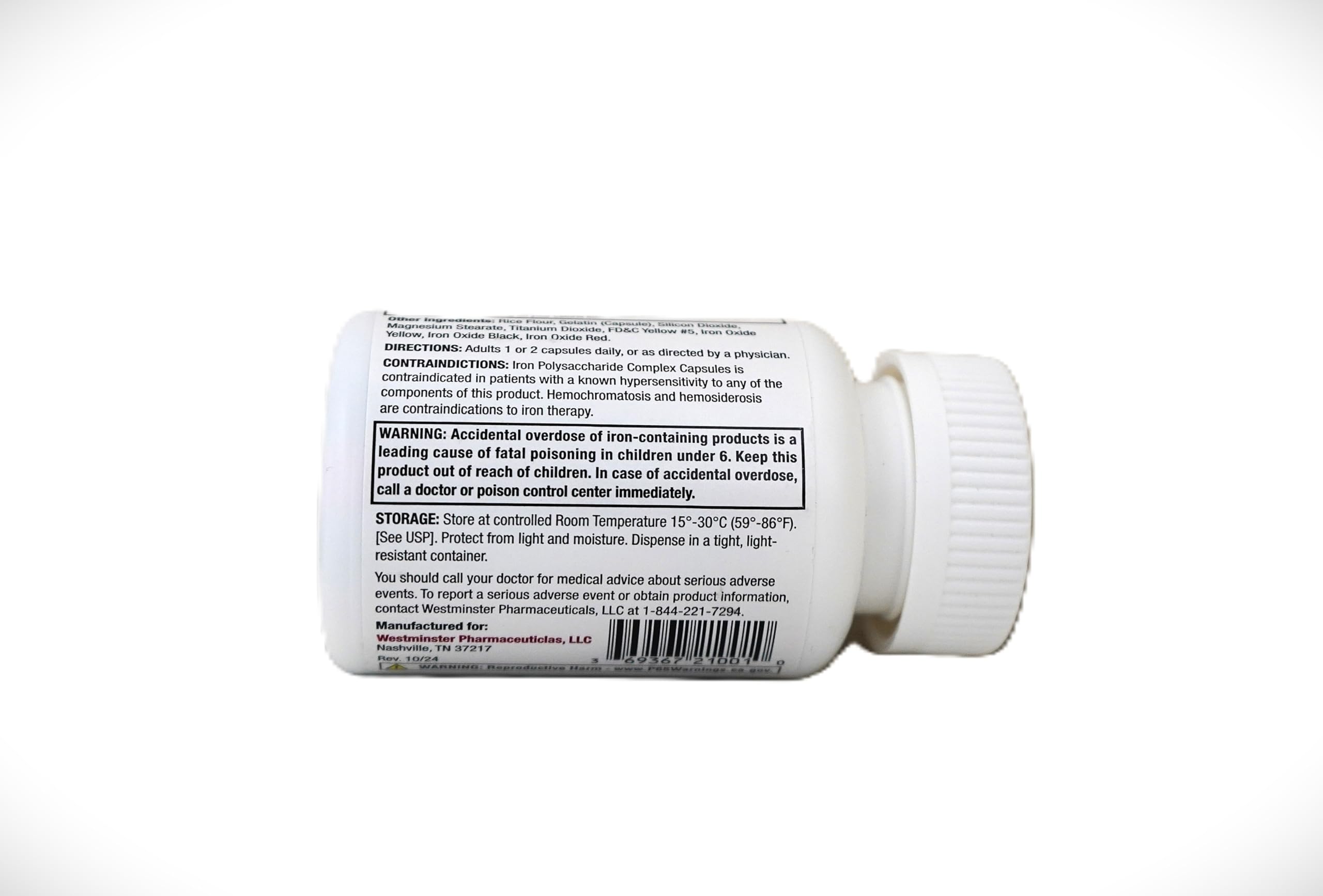 Westminster Iron Polysaccharide Complex label highlights dosage and product details.