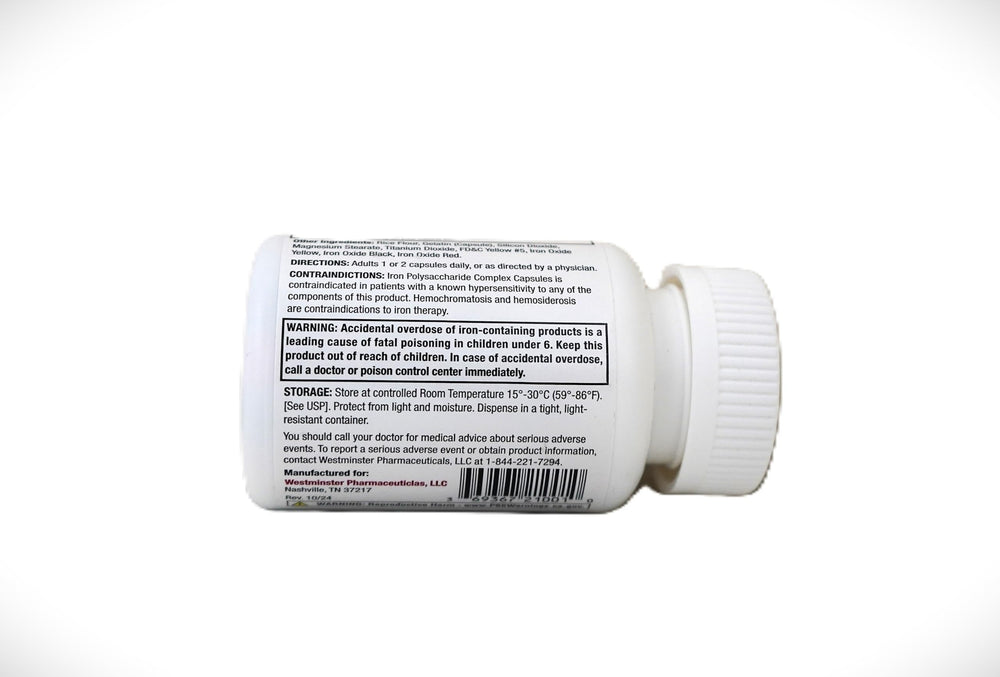 Westminster Iron Polysaccharide Complex label highlights dosage and product details.