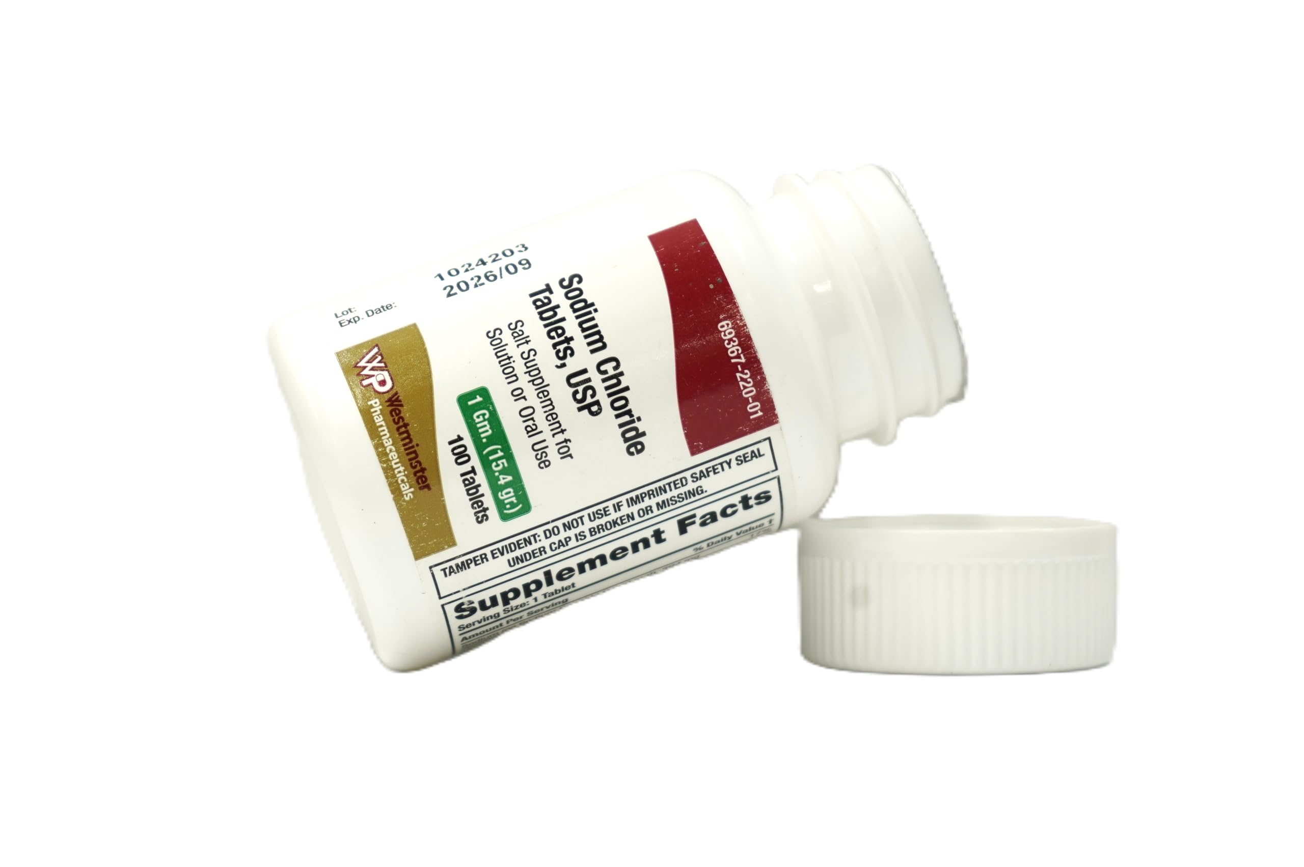 Westminster Pharmaceuticals sodium chloride tablets packaging close-up highlighting convenient 100-count bottle