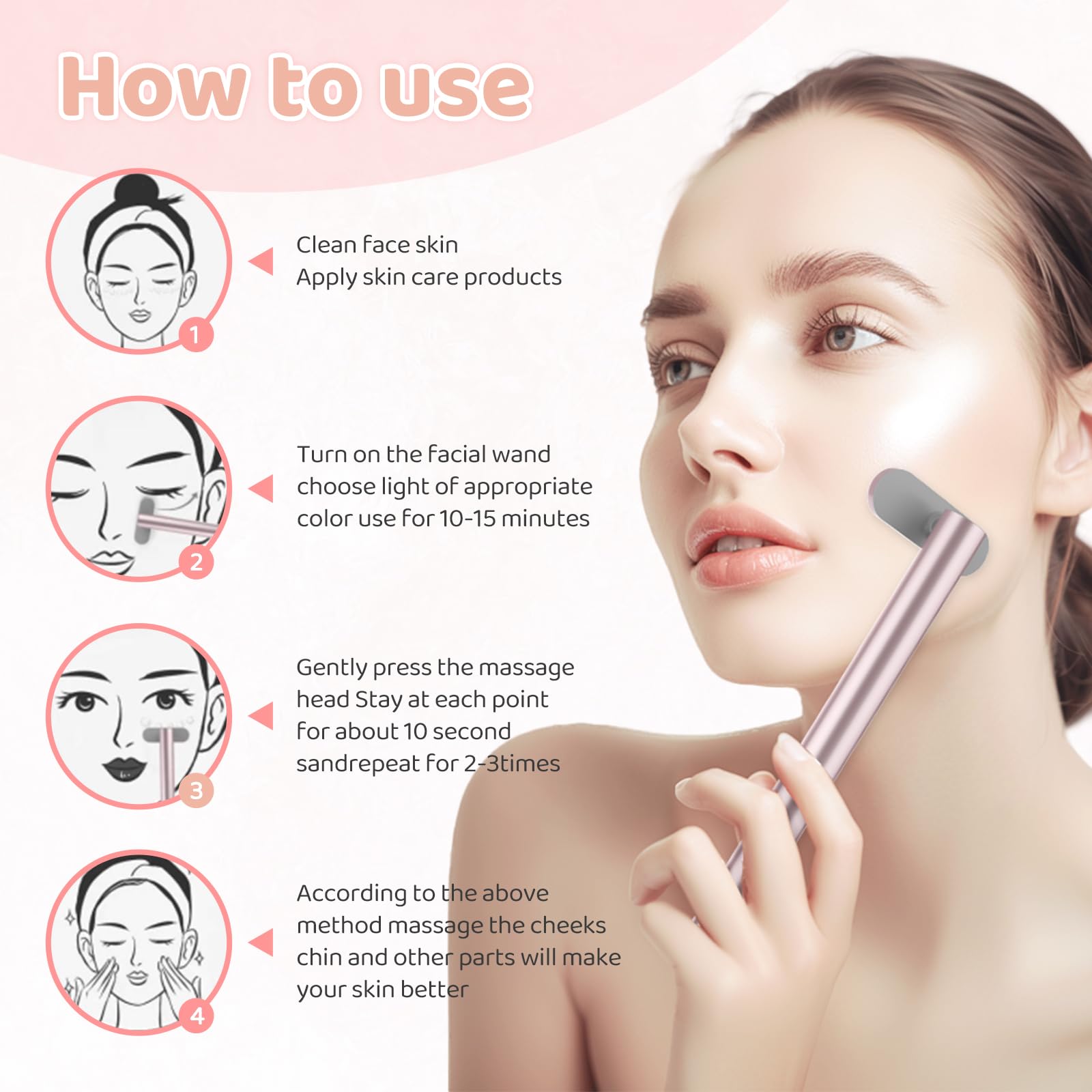 weyais LED skincare wand highlights color-specific benefits for various beauty needs.