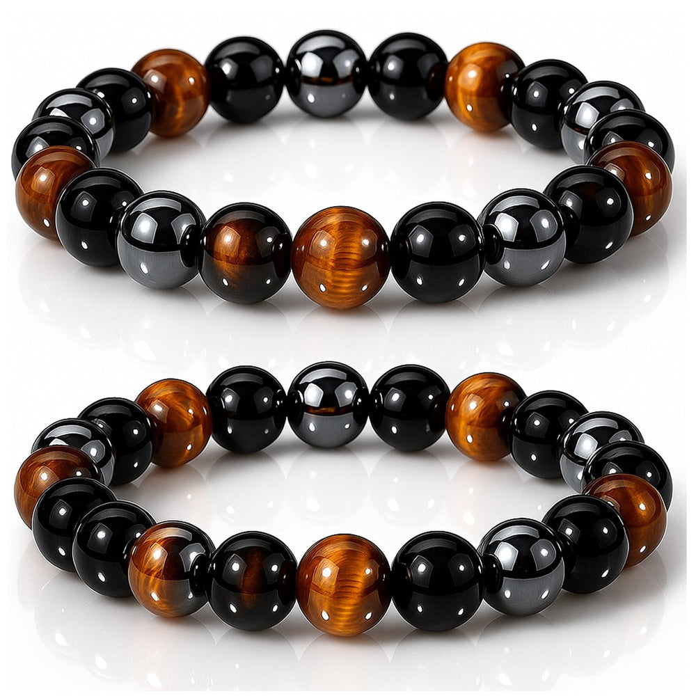 WFJ Black Obsidian Hematite triple protection bracelet set on display showing balance