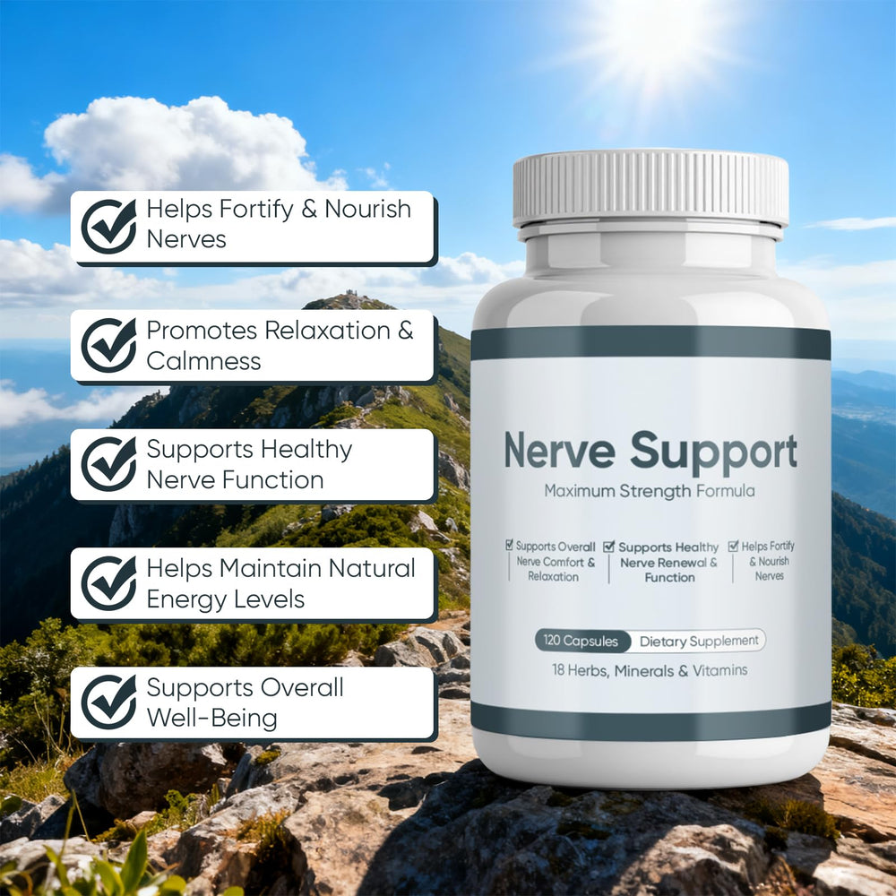 WGYPEU Nerve Support label close-up; clean, non-GMO formulation.