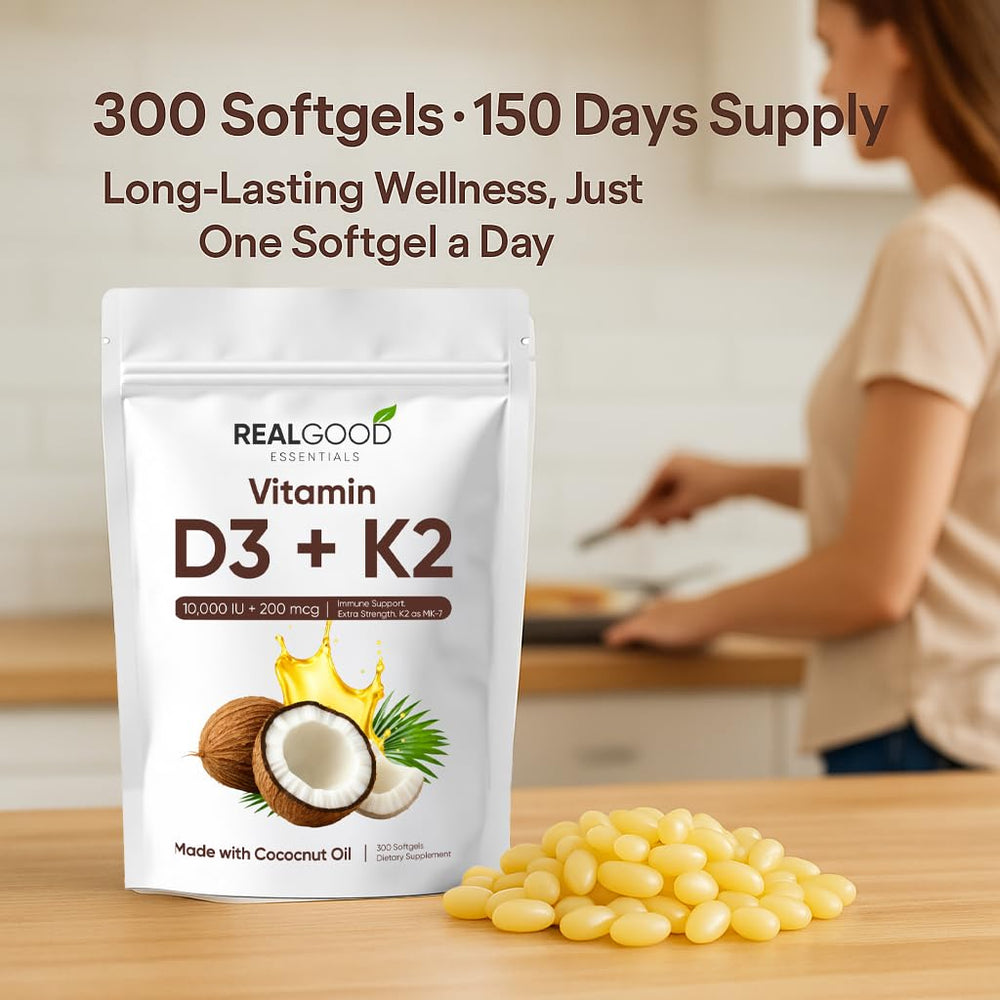 WGYPEU Real Good Essentials 300-softgel bottle conveys value and convenience.