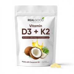 WGYPEU Real Good Essentials vitamin D3K2 bottle shows high-potency softgels for daily wellness.