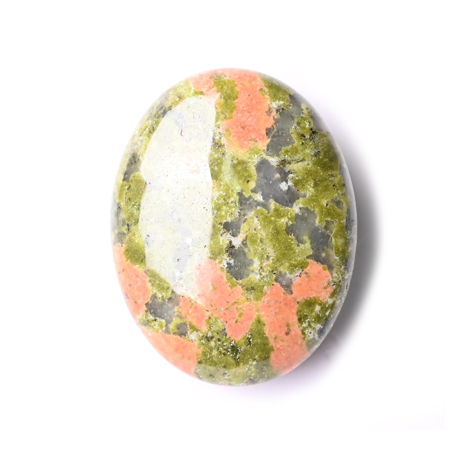 WHAL&YUNE Unakite palm stone closeup showing natural patterns for meditation and grounding.