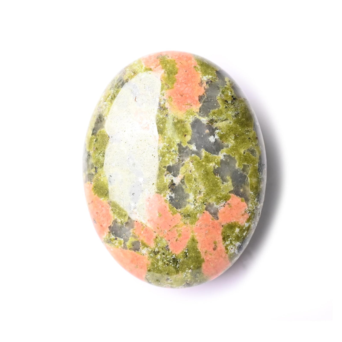WHAL&YUNE Unakite palm stone closeup showing natural patterns for meditation and grounding.