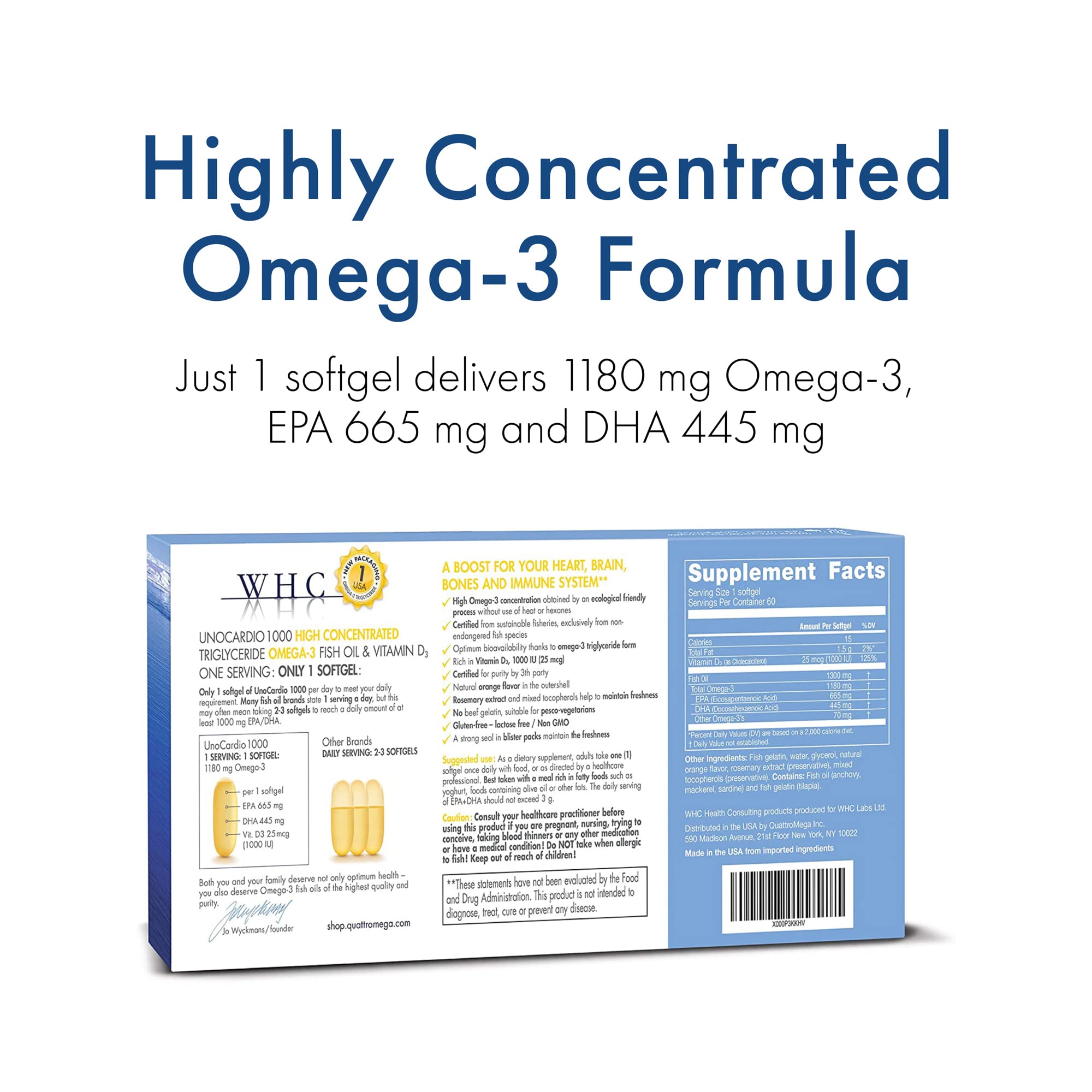 WHC UnoCardio 1000 softgels close-up highlighting convenient daily dose.