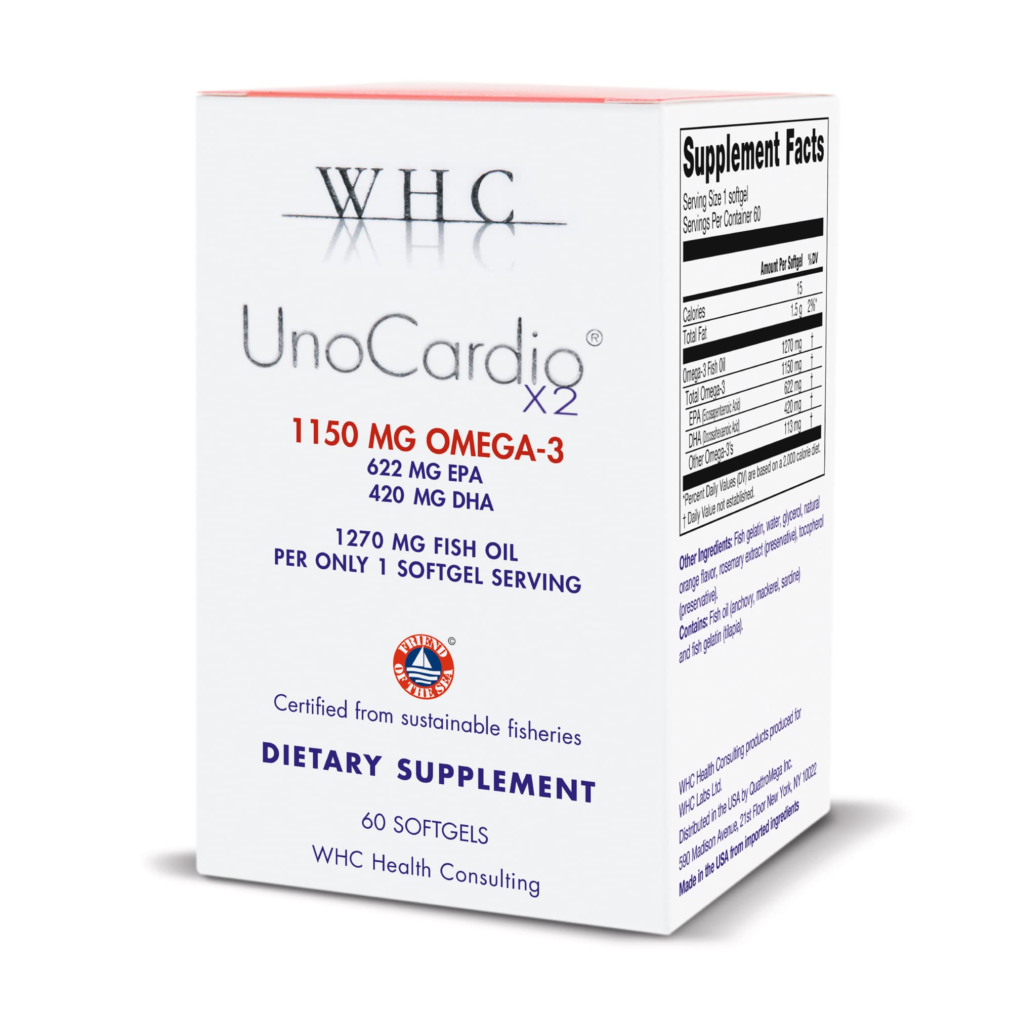 WHC UnoCardio X2 bottle with softgels for daily omega-3 support