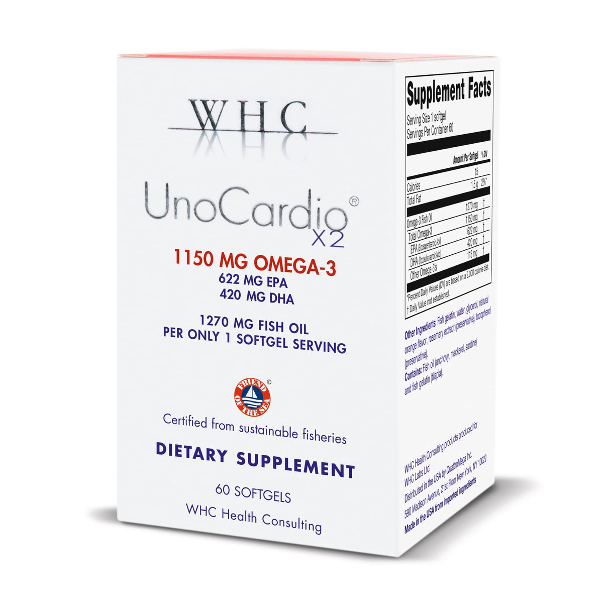 WHC UnoCardio X2 bottle with softgels for daily omega-3 support