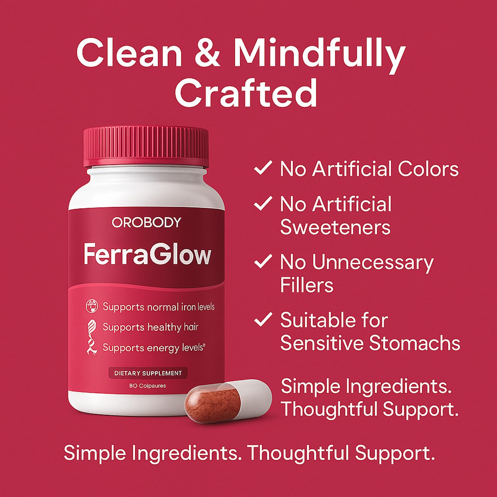 WHDEOW FerraGlow capsules close-up showing easy-to-swallow form