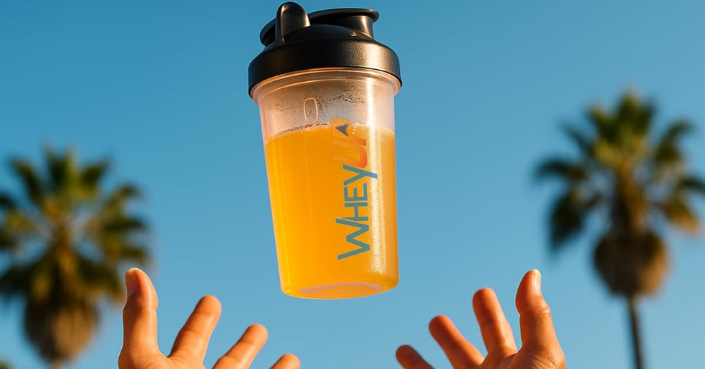 WheyUP 20 servings tub on shelf, portable hydration option.