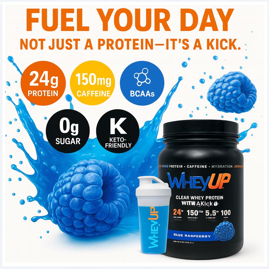 WheyUP Clear Whey Isolate glass highlights crisp blue raspberry flavor and clean mix.