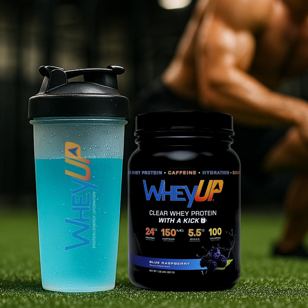 WheyUP Clear Whey Isolate packaging showcases 24g protein and 150mg caffeine.