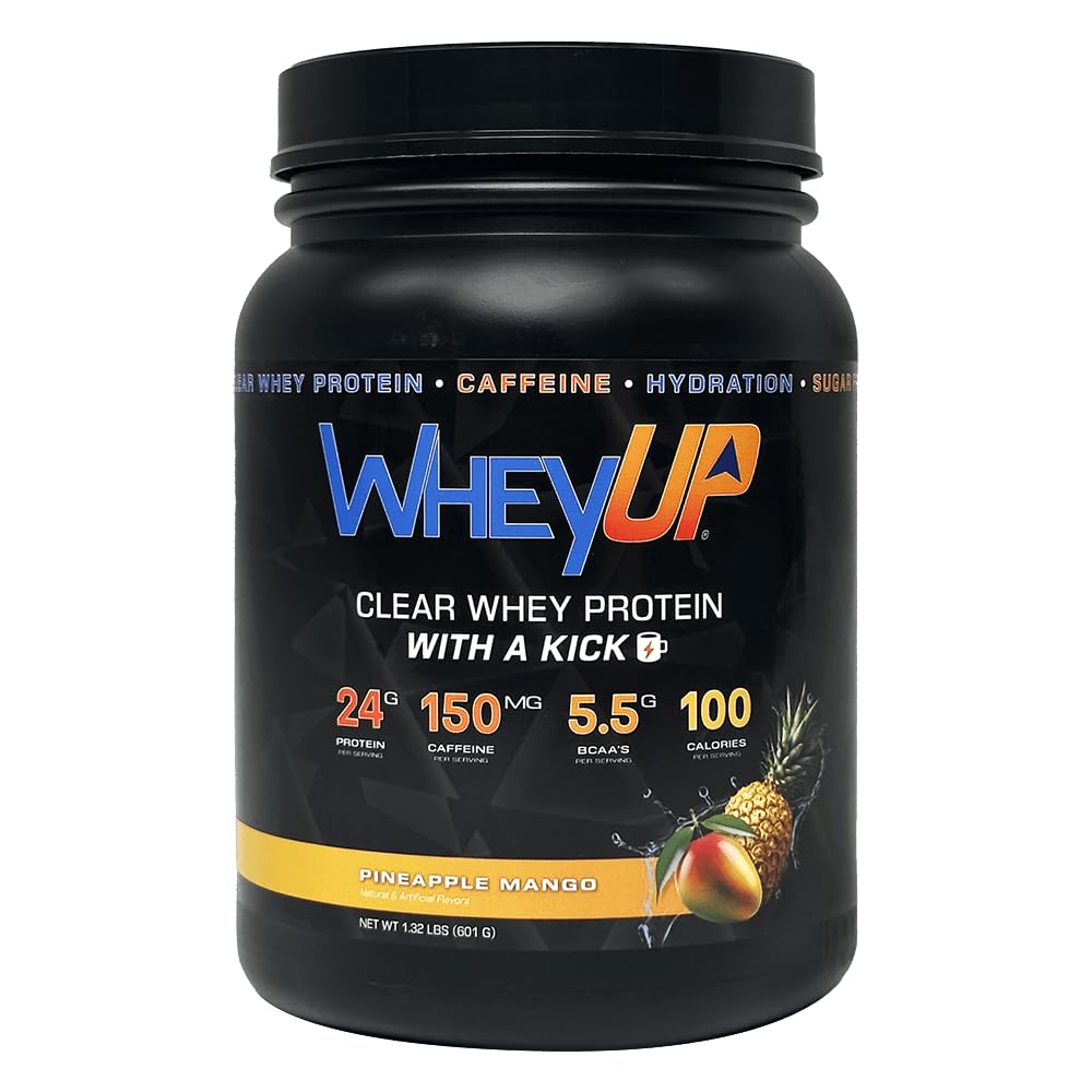WheyUP Clear Whey Isolate bottle in pineapple mango flavor, energy-boosting protein option for pre-workout energy.