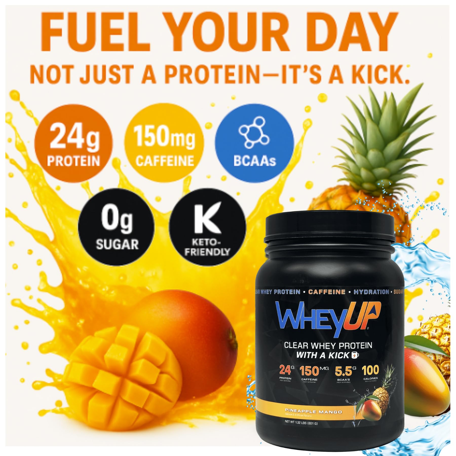 WheyUP Clear Whey Isolate pouring into glass, juice-like texture for a quick boost during workouts.
