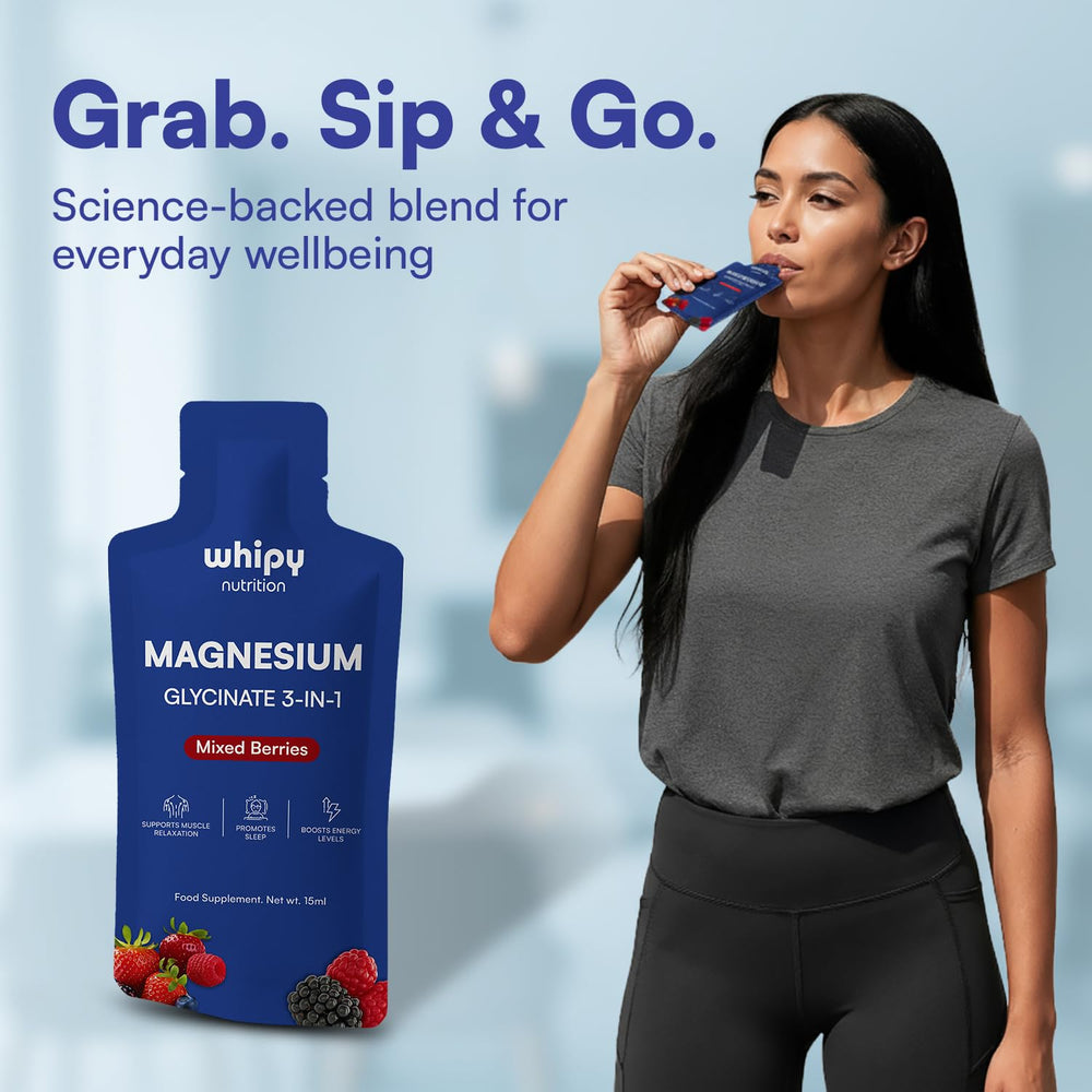 Whipy Nutrition magnesium shot sachet beside glass after workout
