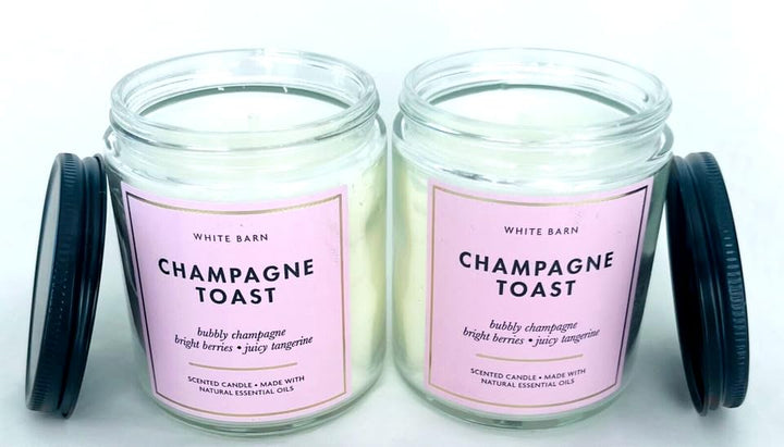 White Barn Champagne Toast candle wax closeup highlights rich texture and essential oil scent.