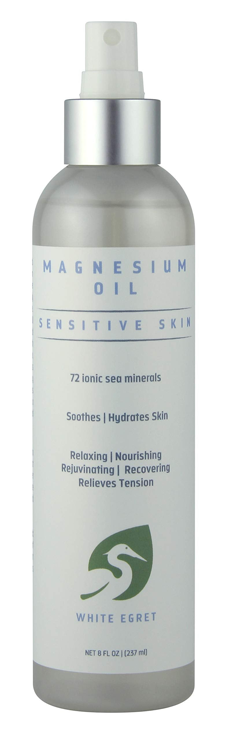 White Egret magnesium oil spray bottle with 72 ionic minerals for sensitive skin.