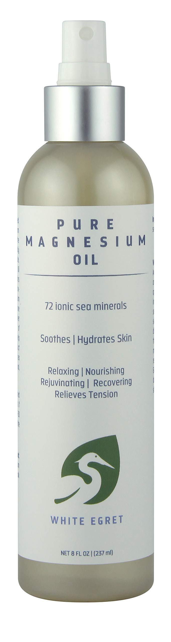 White Egret Oil Magnesium Pure 8oz bottle for calming self-care rituals.