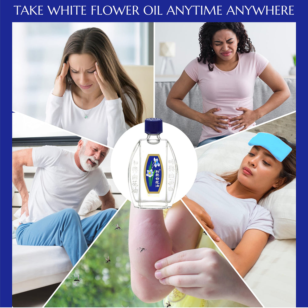 White Flower Balm Oil near insect bites for itching relief.