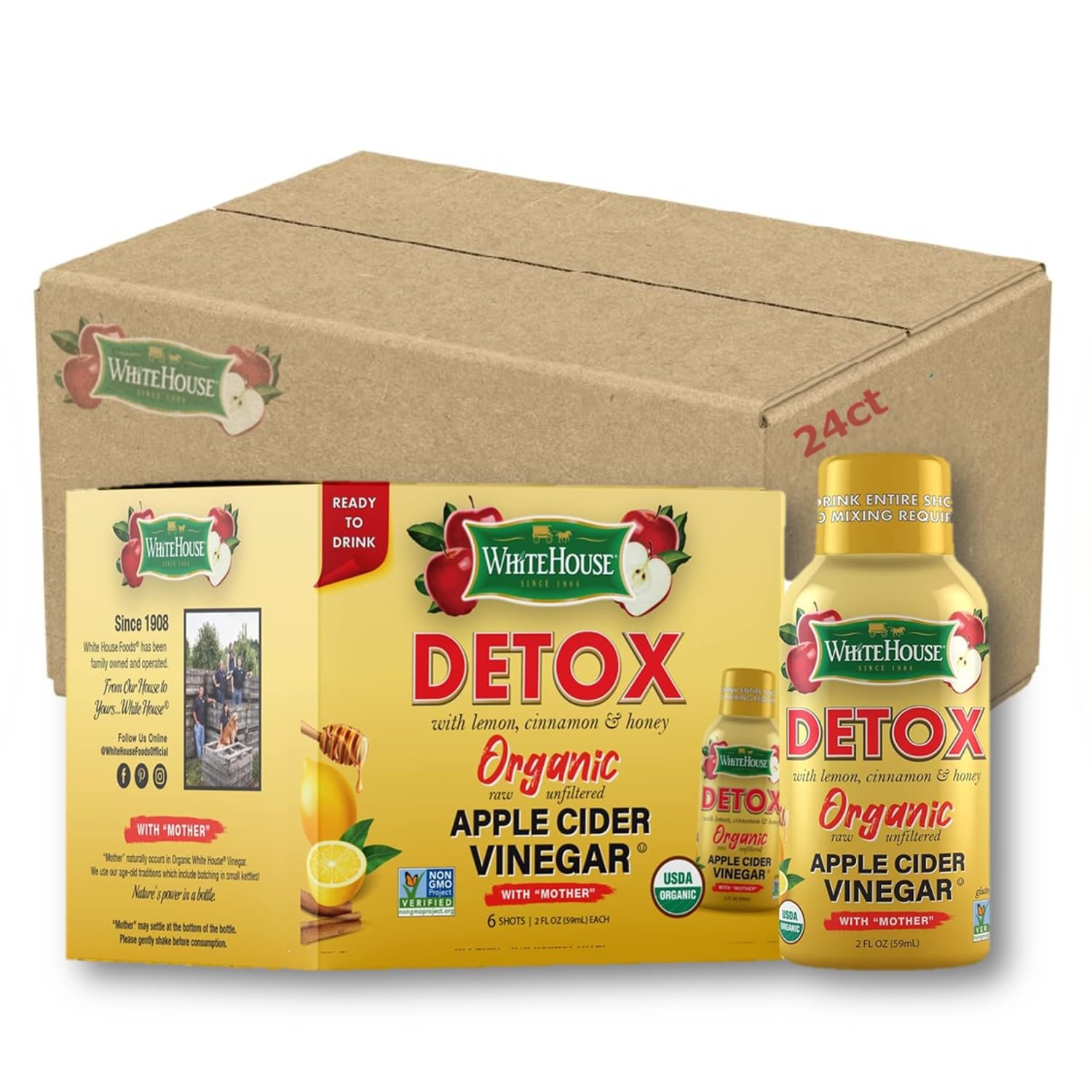 White House Detox apple cider vinegar shot in a 2oz bottle for on-the-go.