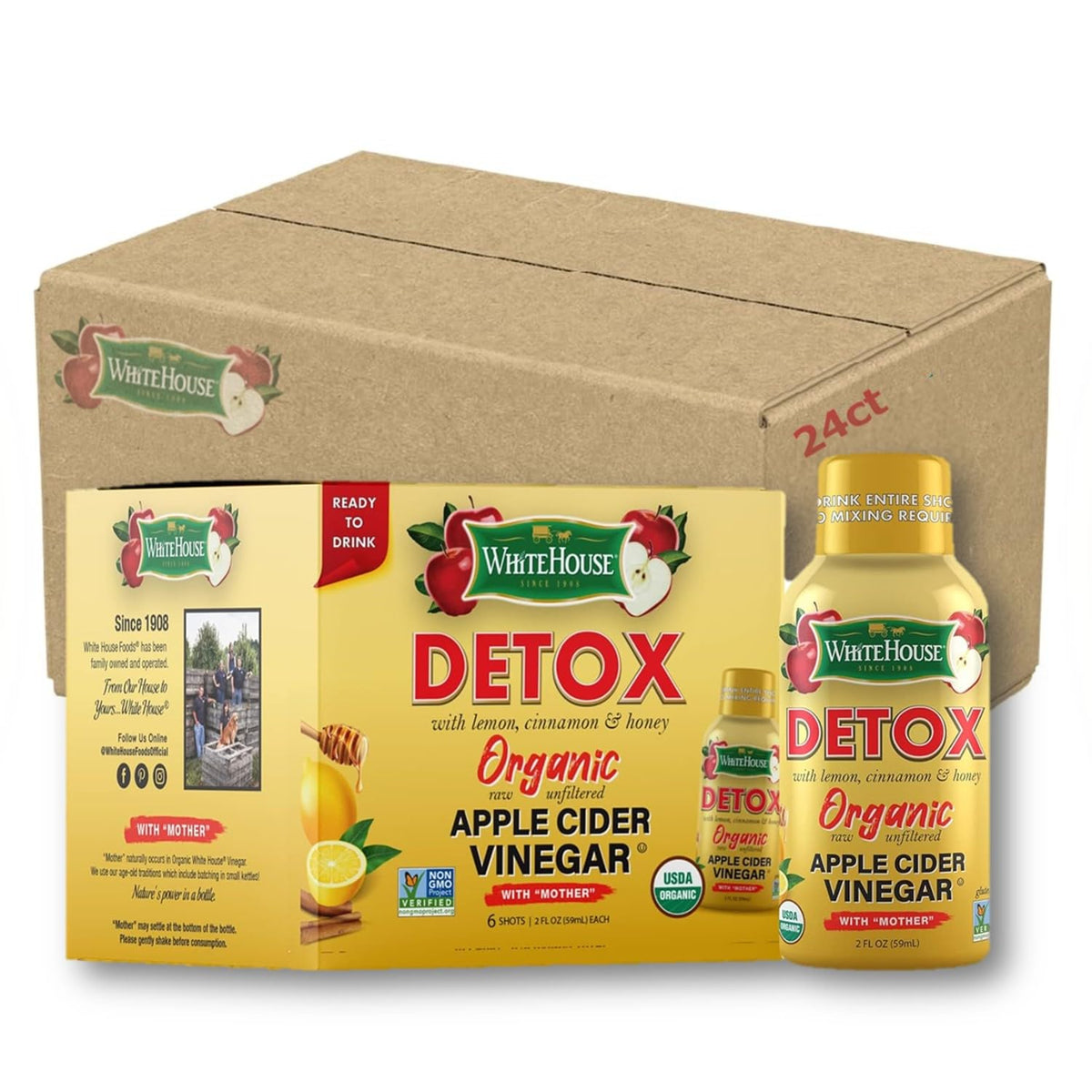 White House Detox apple cider vinegar shot in a 2oz bottle for on-the-go.