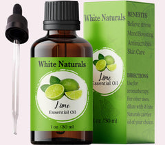 White Naturals Lime Essential Oil bottle delivers pure citrus aroma for uplifting diffusers.