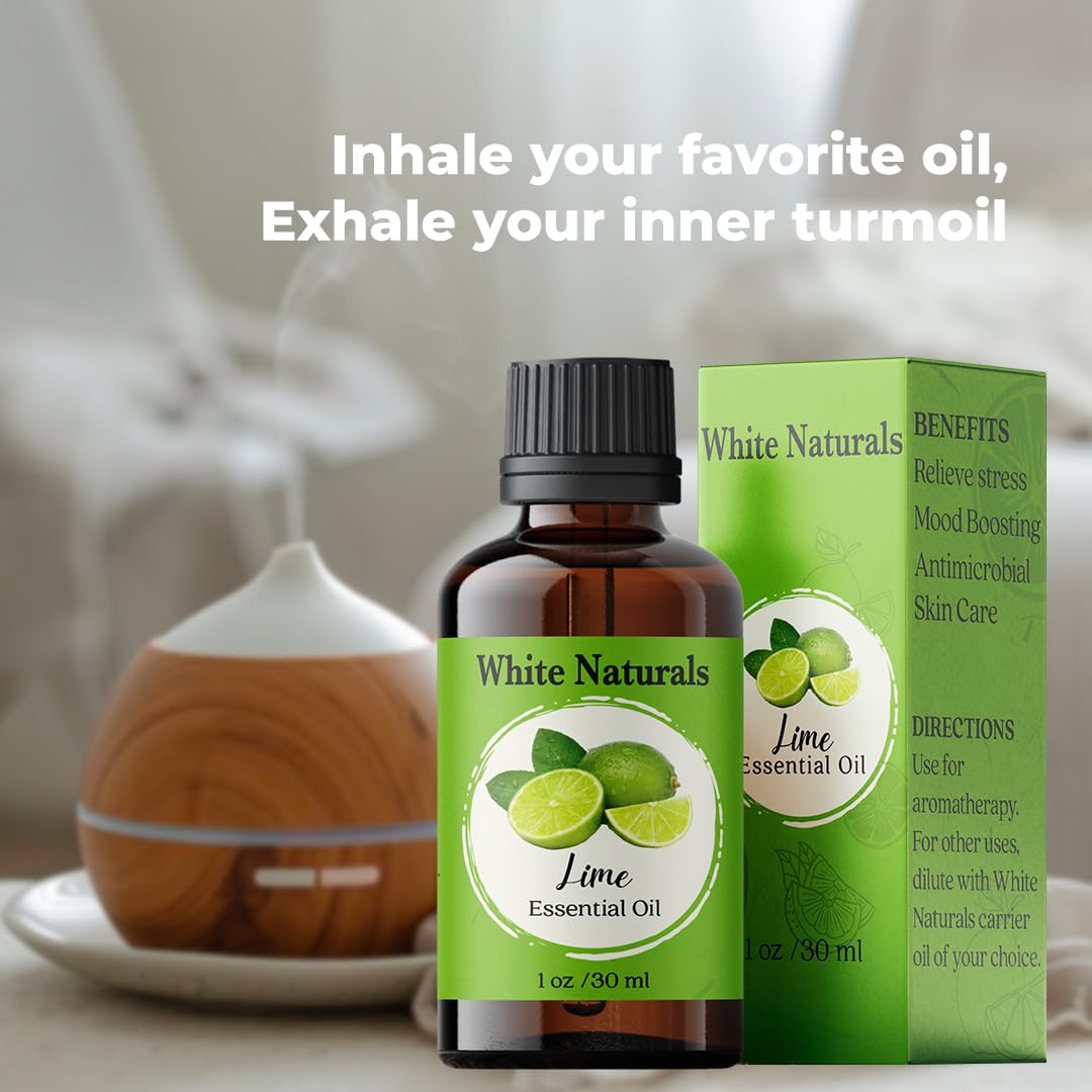 Label close-up of White Naturals Lime Essential Oil for DIY skincare.