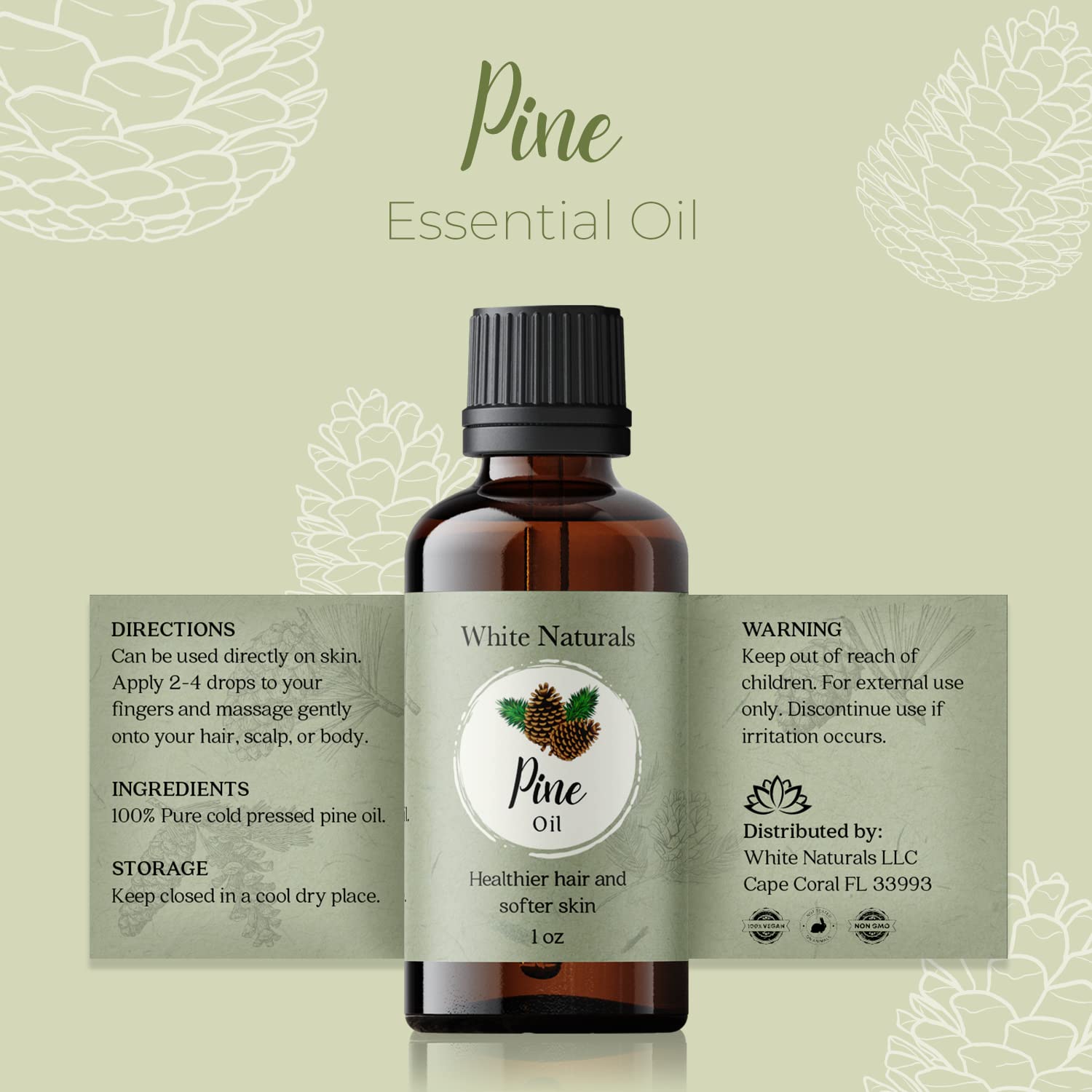 Label close-up of White Naturals Pine Oil showing vegan, non-GMO quality