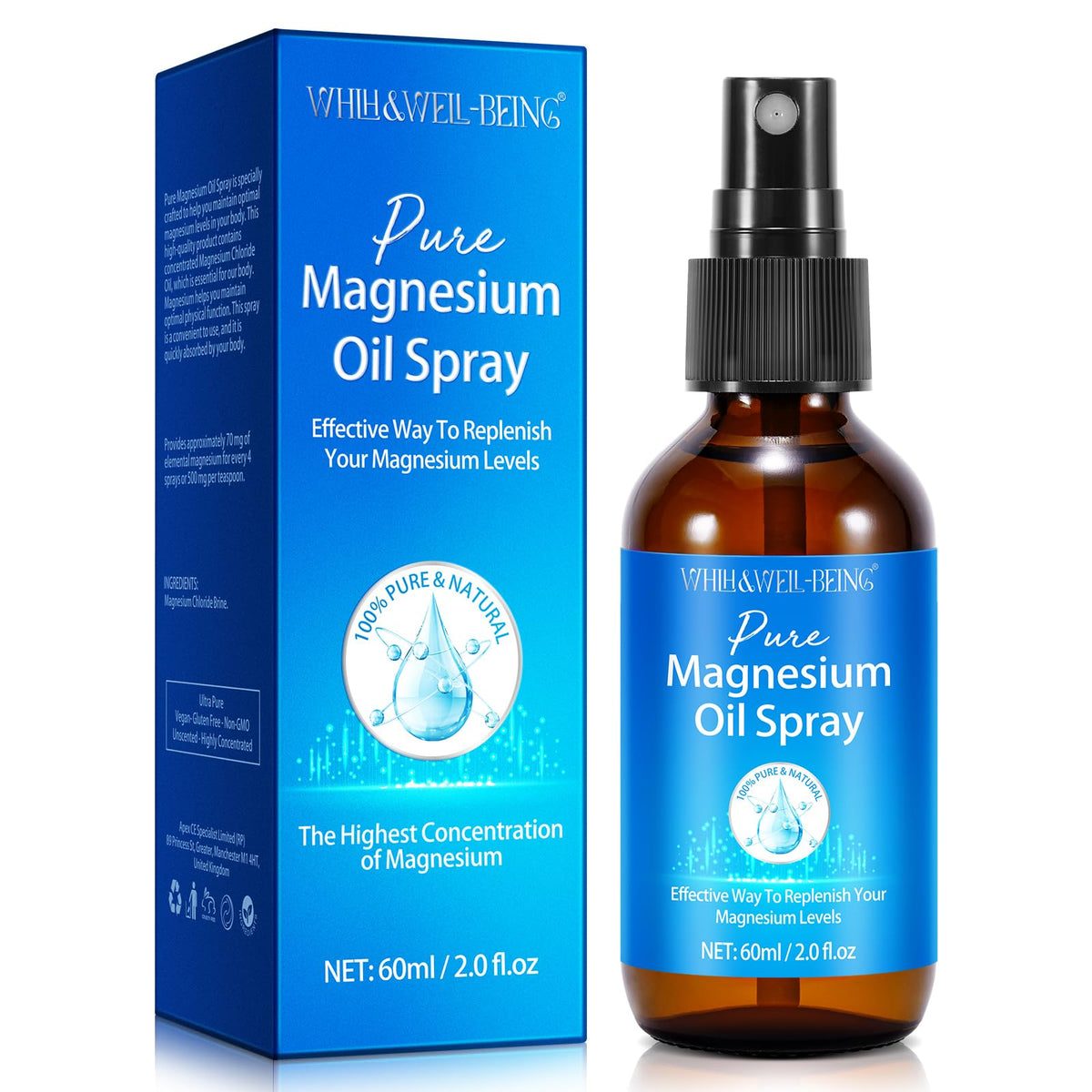 WHLH & WELL-BEING magnesium spray bottle front view for easy application