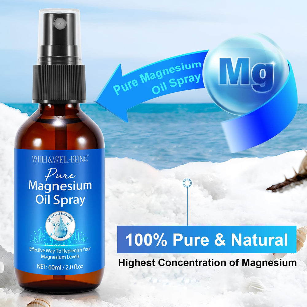 WHLH & WELL-BEING magnesium spray glass bottle close-up showcasing premium packaging