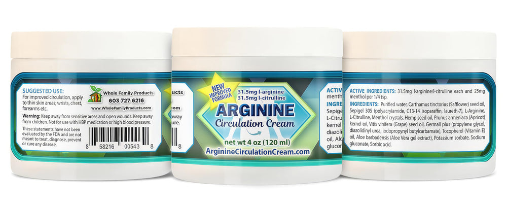 4 oz bottle of Whole Family Arginine Circulation Cream for daily use