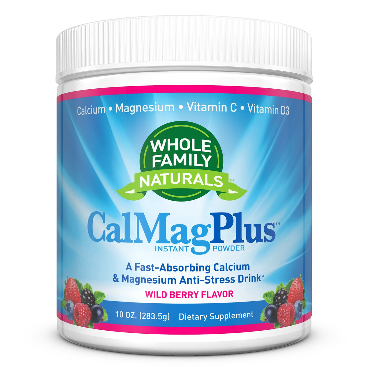 Whole Family Naturals CalMag Plus bottle showing gluten-free, non-GMO formula for daily mineral support.