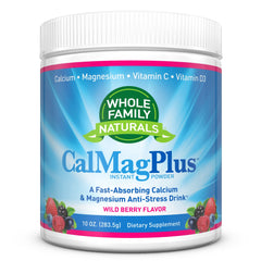 Whole Family Naturals CalMag Plus bottle showing gluten-free, non-GMO formula for daily mineral support.