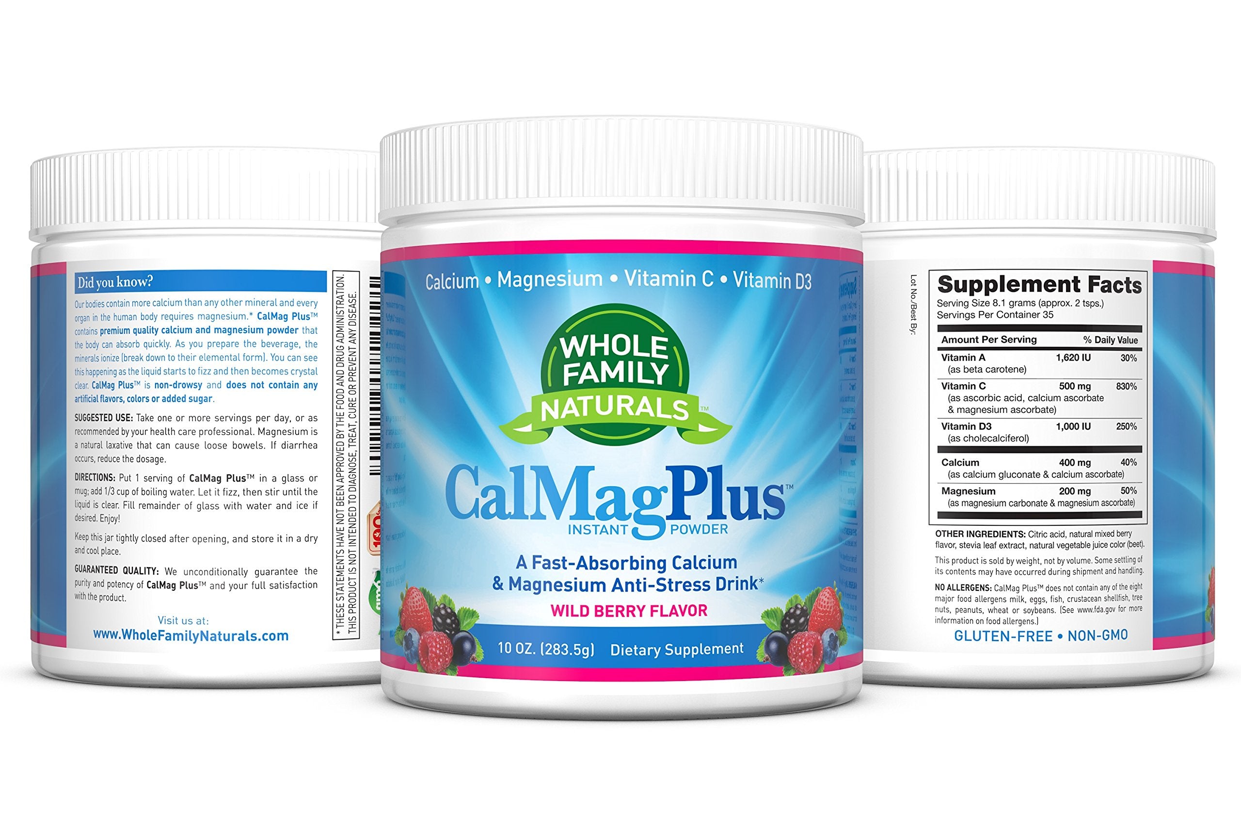 CalMag Plus label highlights vitamin C and D3 blend for absorption support.