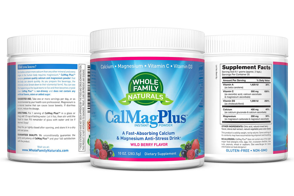 CalMag Plus label highlights vitamin C and D3 blend for absorption support.