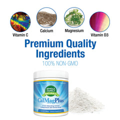 Whole Family Naturals CalMag Plus bottle closeup highlighting a gluten-free formula