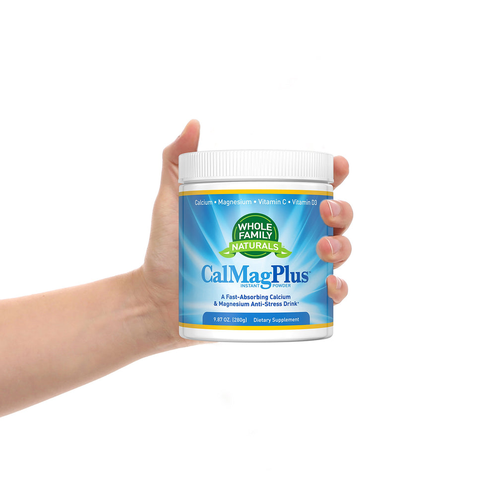 Whole Family Naturals CalMag Plus family-friendly bottle on kitchen counter