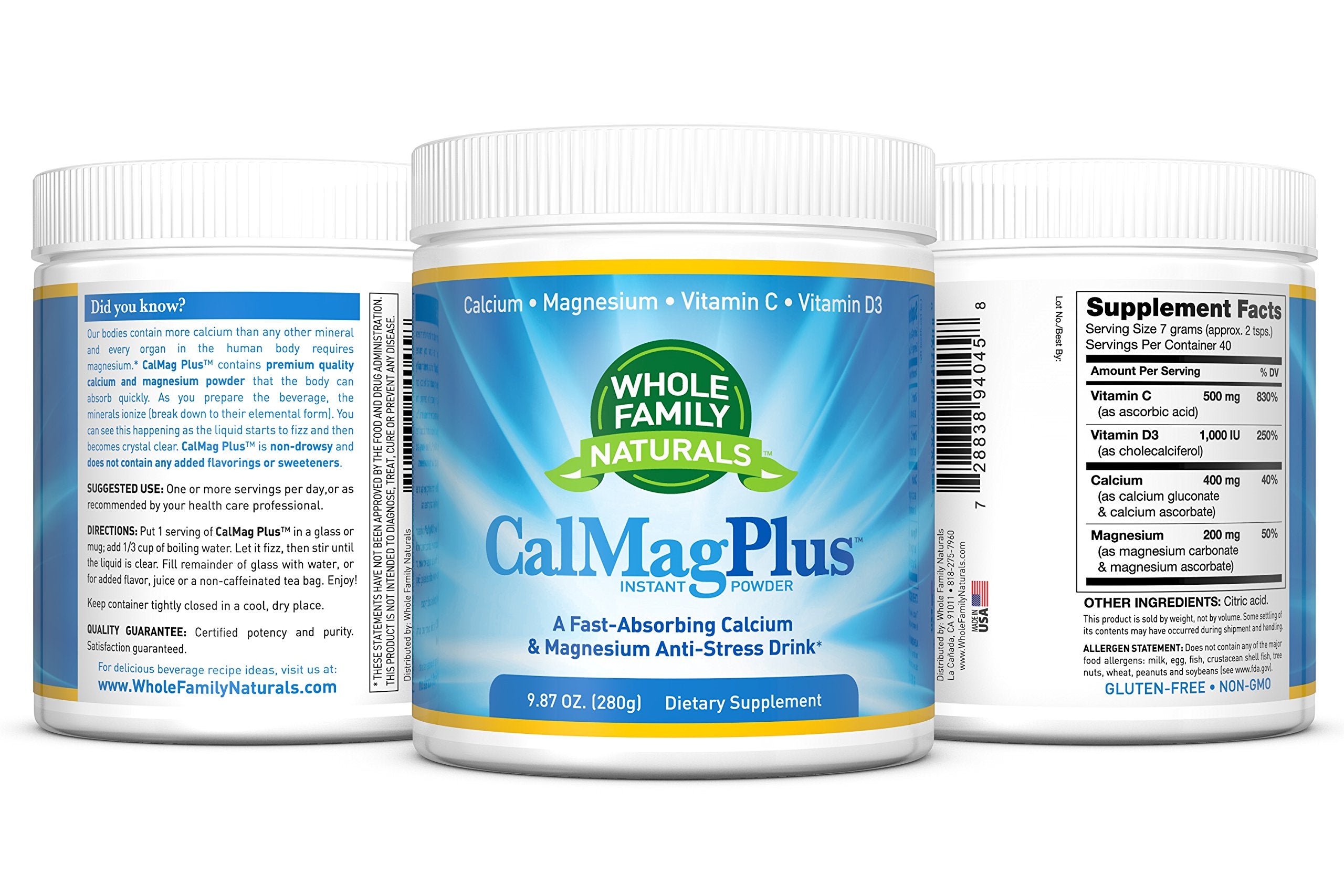 Whole Family Naturals CalMag Plus vitamin C and D3 visible on label for a complete mineral blend
