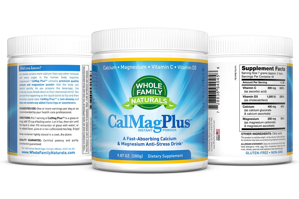 Whole Family Naturals CalMag Plus vitamin C and D3 visible on label for a complete mineral blend
